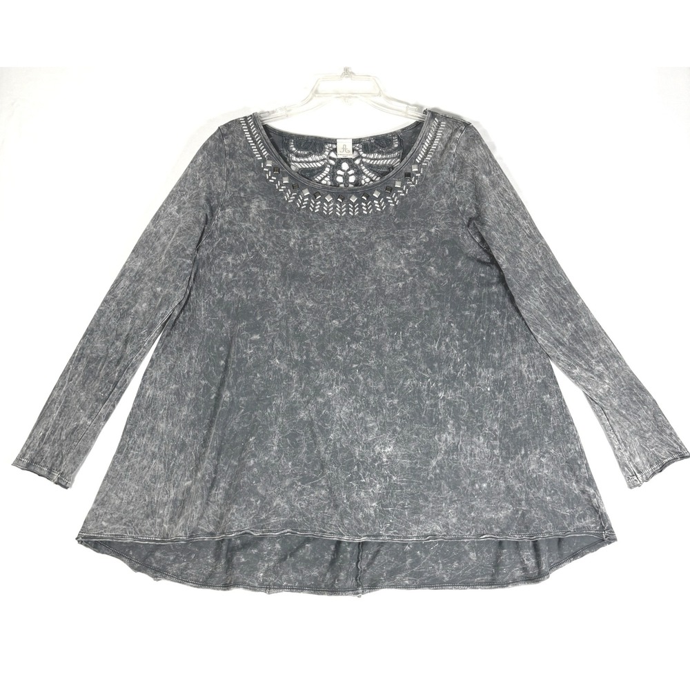American Age Gray Mineral Wash Crochet Lace Tunic Top Womens L XL Boho Top